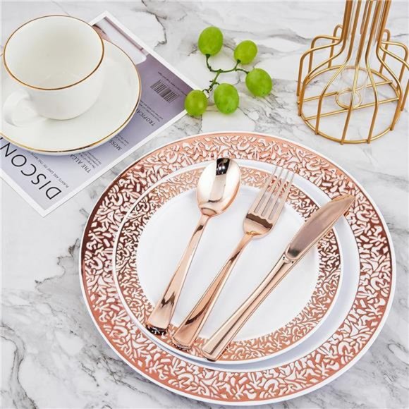 210 Count Rose Gold Plastic Dinnerware Disposable Plates 30 Dinner Plates - Picture 6 of 7